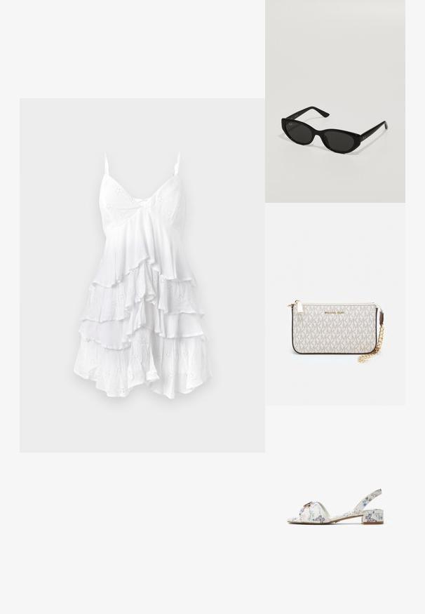 Vestido blanco sin mangas con capas con volantes, hecho de un tejido ligero que presenta patrones de ojal y una textura delicada. Diseño con escote en V.; ALDO TWO-PIECE MUFFY - Sandalias - multi; Gafas de sol negras con una forma de ojo de gato estrecha. Hechas de plástico suave, con lentes oscuros y sutiles acentos de logo en las patillas.; Monedero de muñeca Michael Kors en lona recubierta beige que presenta un patrón repetido del logo MK, herrajes dorados y una correa de cadena desmontable.; Reloj de pulsera rectangular dorado con un diseño minimalista, que presenta una esfera color crema, manecillas doradas y una pulsera de eslabones metálicos. Las marcas incluyen el nombre de la marca.