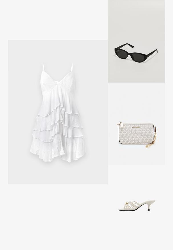 Wit mouwloos jurkje met gerimpelde lagen, gemaakt van lichte stof met gaatjespatronen en een delicate structuur. V-hals ontwerp.; Witte hakken met bandjes en een gebogen ontwerp, voorzien van een gouden accent en een zwarte zool. Gladde textuur en open teen stijl.; Zwarte zonnebril met een smal, kattenoogvorm. Gemaakt van glad plastic, met donkere glazen en subtiele logo-accenten op de veren.; Michael Kors polsbandje in beige gecoate canvas met een herhaald MK-logo patroon, gouden hardware en een afneembare kettingriem.