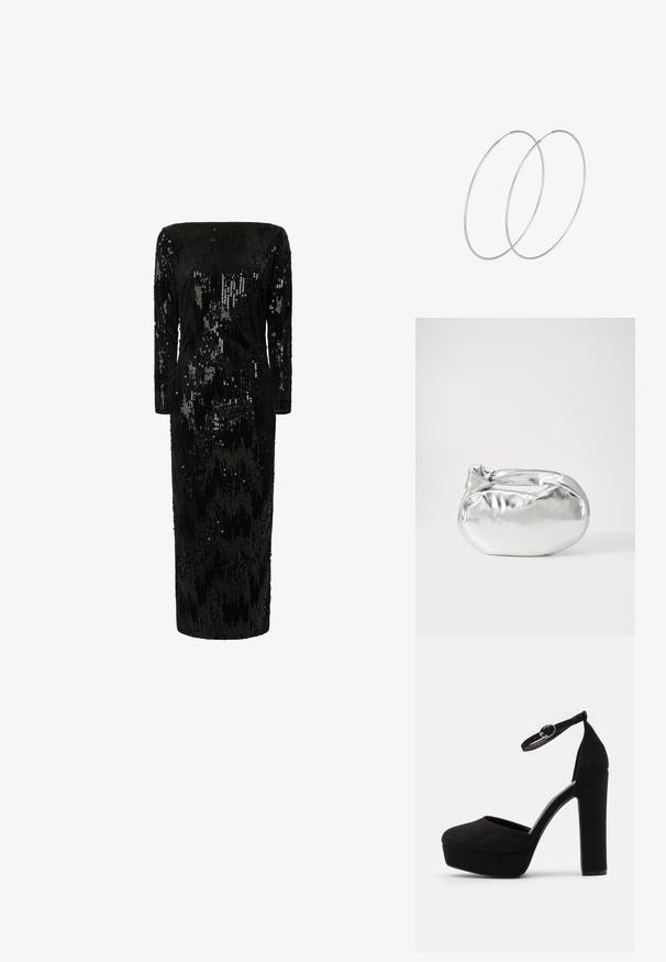 Melna kleita ar pērļu rotājumiem, garām piedurknēm, bez plecu izgriezuma un taisnu siluetu; raksturīga teksturēta, mirdzoša virsma.; Melnas zamšādas platformas kurpes ar noapaļotu purngalu, potītes siksniņu un augstu blokveida papēdi. Gluda tekstūra ar matētu apdari.; Sudraba metāliska poga somiņa ar mīkstu, noapaļotu formu un mezgla augšējo aizdari. Izgatavota no gludas mākslīgās ādas materiāla.; Sudraba gredzenveida auskari ar minimālistisku dizainu. Cirkulāra forma, gluda tekstūra un plāns profils. Vieglu svaru ar spīdīgu apdari.