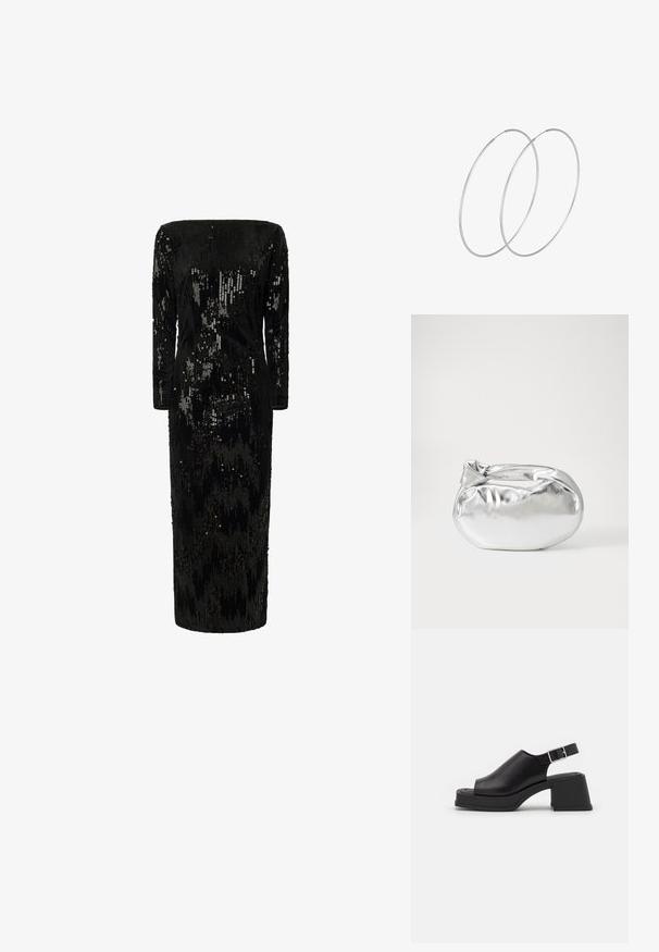 Svart klänning med paljetter, lång ärm, avskuren axel och rak silhuett; har en texturerad, glittrande yta.; Vagabond HENNIE - Platåsandaletter - black; Silverfärgad metallisk påse med en mjuk, rundad form och en knutstängning upptill. Tillverkad av ett mjukt material i konstläder.; Silverfärgade hoopörhängen med en minimalistisk design. Cirkulär form, slät yta och tunn profil. Lätta med en polerad finish.