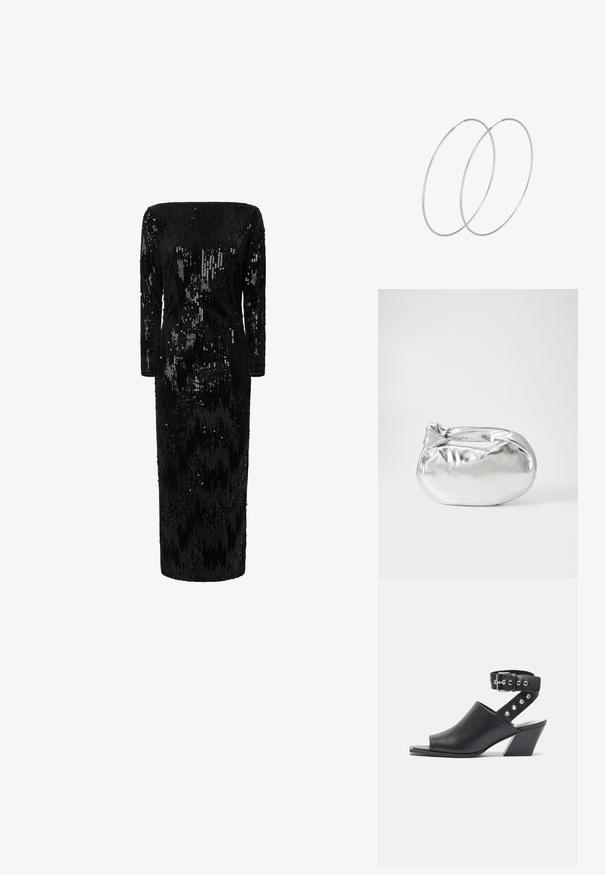 Black sequin-embellished dress with long sleeves, off-the-shoulder neckline, and straight silhouette; features a textured, shimmering surface.; Open-toe black leather heeled sandal with ankle strap, featuring a buckle closure and silver stud accents on the strap, with a block heel.; Silver metallic pouch bag with a soft, rounded shape and a knotted top closure. Made from smooth faux leather material.; Silver hoop earrings with a minimalist design. Circular shape, smooth texture, and thin profile. Lightweight with a polished finish.