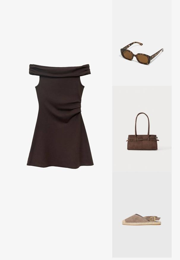 Bruine off-the-shoulder jurk met een aansluitende bodice, zachte stof en geplooide details op de taille, die uitloopt in een rokje in skaterstijl.; Suede espadrille sandaal in taupe, open-back ontwerp, jute zool, platte hak, met verstelbare gespaccent, voorzien van contrasterende beige neuskap.; Tortoiseshell zonnebril met een ronde, stevige montuur en bruine lenzen. Heeft subtiele patronen en rechte, taps toelopende veren.; Bruine suède handtas met twee stevige handvatten, een rechthoekige vorm en een decoratieve band over de voorkant.