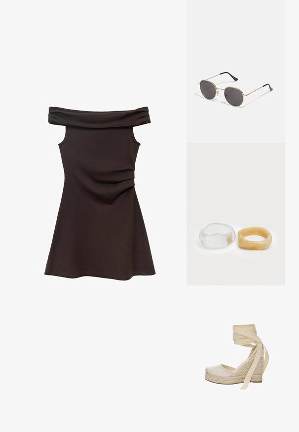 Robe marron décolletée, avec un corsage ajusté, en tissu doux, et des détails froncés à la taille, s'évasant en une jupe style patineuse.; Espadrille à plateforme beige avec un dessus en tissu texturé, plateforme en jute et longues lanières en tissu autour de la cheville. Présente un bout rond et un détail tissé au niveau du talon.; Lunettes de soleil rondes avec des verres foncés, fine monture en métal doré, embouts en plastique et plaquettes de nez ajustables. Design minimaliste avec un look classique.; Bagues en résine claire et ambre, l'une lisse et transparente, l'autre avec une finition texturée en ambre. Les deux présentent des designs arrondis et épais.