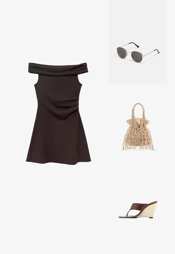 Off-the-shoulder brun klänning med figurnära liv, mjukt tyg och rynkdetaljer i midjan, som vidgar sig i en skaterstil.; Bruna kilklackssandaler med en slät, bred rem framtill, öppen tå-design och en kontrasterande krämfärgad kilklack.; Runda solglasögon med mörka linser, tunn ram i guldmetall, plasttips på bågarna och justerbara nässtöd. Minimalistisk design med en klassisk stil.; Vävd beigest färgad handväska med en texturerad design, som har en rufsad satininsida och fransdetaljer, avslutad med två flätade handtag.