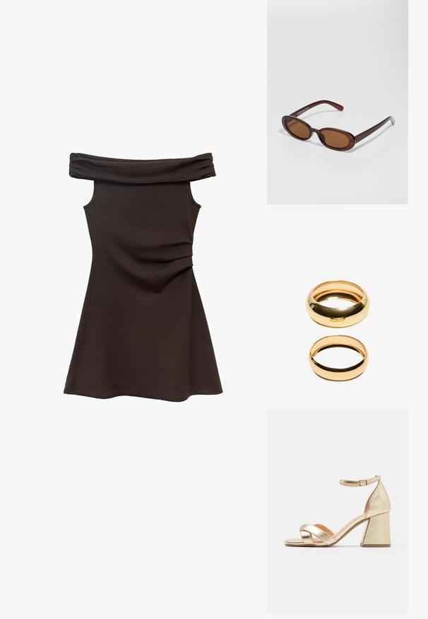 Abito marrone con spalle scoperte, dal corpino aderente, in morbido tessuto e con dettagli arricciati in vita, che si espande in una gonna stile skater.; Sandali metallici dorati con tacco a blocco, apertura sulla punta e design a strap incrociate. La cavigliera è dotata di una chiusura a fibbia.; Occhiali da sole rotondi con tonalità marrone, montatura lucida color bordeaux. Aste sottili con un sottile dettaglio del marchio. Design delle lenti piatte.; Due anelli d'oro sono esposti, uno spesso e arrotondato, l'altro sottile e piatto. Entrambi presentano una superficie liscia e lucida con una finitura lucidata.