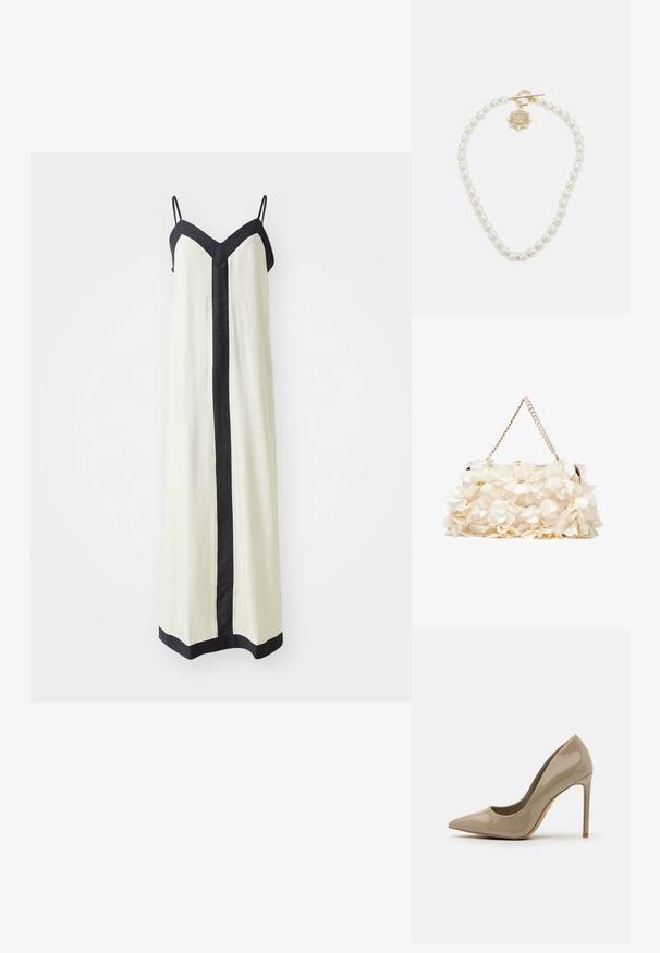 Bezrukávové maxi šaty v krémové barvě s hlubokým výstřihem do V a černými lemy podél okrajů a vpředu. Vyrobeno z lehkého materiálu.; Beige lakovaná kožená vysoká botka s špičatou špičkou, elegantním siluetou a jehlovým podpatkem. Hladký povrch s minimálními detaily.; Bílá květinová kabelka s nabraným textilním povrchem, řetízkovým popruhem ve zlatém tónu a kovovým zámkem. Disponuje texturovanými okvětními lístky pro větší detail.; Lauren Ralph Lauren COLLAR - Náhrdelník - gold-coloured/white