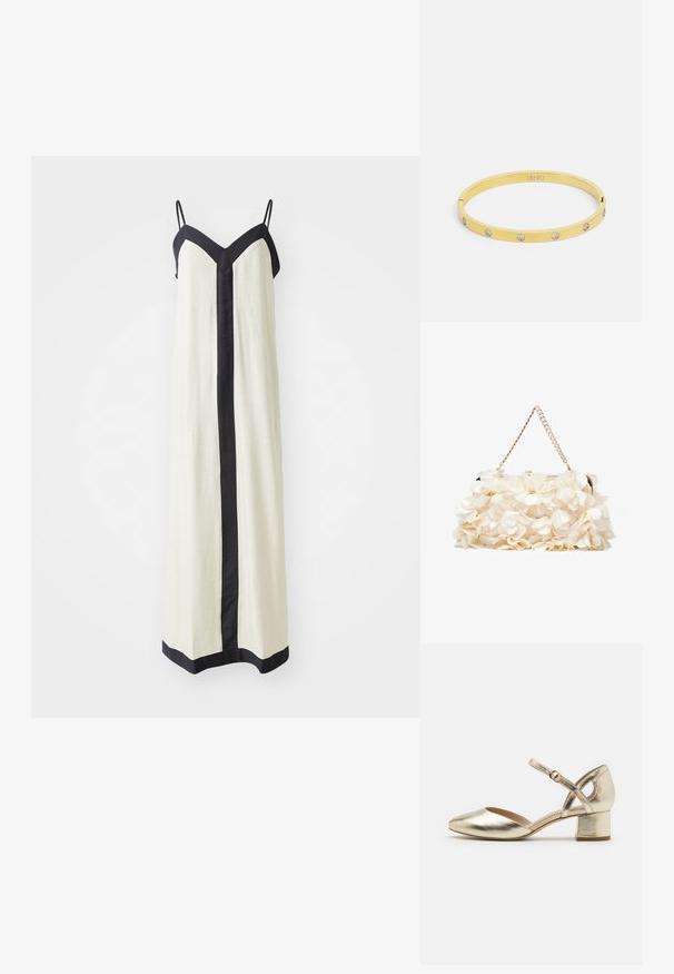 Sleeveless maxi dress in cream with a deep V-neck and black trim along the edges and front. Made of lightweight fabric.; Gold metallic heeled shoes with a rounded toe, ankle strap, and block heel. Smooth texture with a shiny finish and cross-strap design.; White floral handbag with a gathered fabric surface, gold-tone chain strap, and metal clasp. Features textured petals for added detail.; Gold bangle bracelet features a smooth, sleek design with five clear rhinestones evenly spaced along the band. Engraved logo within.