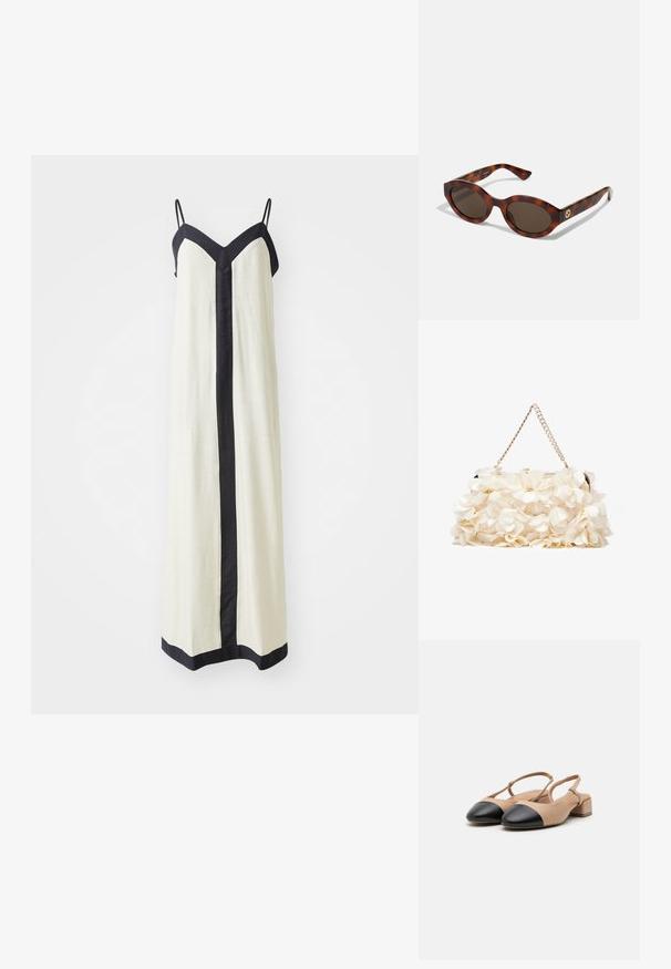 Robe maxi sans manches en crème avec un décolleté en V profond et des finitions noires le long des bords et à l'avant. Fabriquée en tissu léger.; Chaussures slingback en cuir beige avec un bout capuchon noir, un talon block et une sangle ajustable. Texture lisse et design minimaliste.; Lunettes de soleil en écaille de tortue avec des montures rondes, des verres foncés et des détails en or sur les branches. Matériau en plastique lisse, sans motifs visibles.; Sac à main floral blanc avec une surface en tissu froncé, une chaîne en métal doré et un fermoir en métal. Présente des pétales texturés pour plus de détail.; Lauren Ralph Lauren COLLAR - Collier - gold-coloured/white