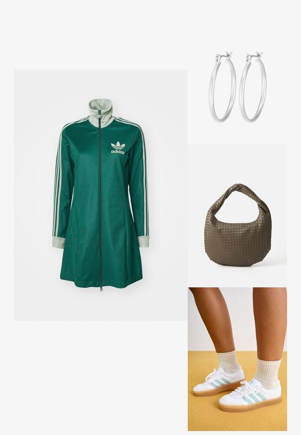 Zaļš sporta džemperis ar rāpjo rāvējslēdzēju, augstu apkakli, trim baltām svītrām uz piedurknēm, krēmkrāsas aprocēm un Adidas logo uz krūšu daļas.; Baltie sporta apavi ar piparmētru zaļām svītrām, gumijas zole un auklām, kombinēti ar ribotām krēmkrāsas zeķēm. Fonā dzeltena krāsa.; Austa olīvzaļā rokassoma ar noapaļotu formu un savītu rokturi. Tekstūrēta virsma ar diagonālu rakstu. Ar rāvējslēdzēja aizdari.; Sudraba riņķveida auss gredzeni ar gludu, pulētu apdari. Apaļa forma un drošs klikšķa augšējais slēgums. Viegls dizains, kas piemērots ikdienas valkāšanai.
