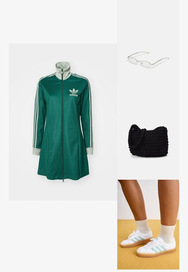 Casaco desportivo verde com fecho éclair e gola alta, três riscas brancas nas mangas, punhos em cor creme e logotipo da Adidas no peito.; Ténis brancos com riscas verde menta, sola de borracha e atacadores, emparelhados com meias em creme com nervuras. Colocados contra um fundo amarelo.; Óculos ovais com uma armação metálica prateada, lentes transparentes e detalhes texturizados em contas nas hastes. Design leve com braços curvos.; Saco de tecido preto com um padrão texturizado e acolchoado. Forma arredondada, alças curtas e grossas, e uma estrutura macia e flexível.