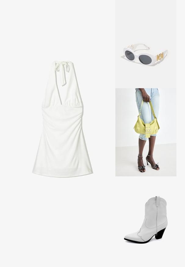 Biały top na ramiączkach z wiązanym dekoltem, z marszczonym materiałem w części górnej i zwiewnym dołem. Gładka tekstura bez wzorów czy akcentów.; Białe skórzane buty kowbojskie z ostrym noskiem, zakrzywionymi detalami przeszyć i niskim czarnym słupkowym obcasem. Posiadają pętelkę z tyłu.; Białe owalne okulary przeciwsłoneczne z ciemnymi soczewkami, z pozłacaną stalą i dekoracyjnymi akcentami na zausznikach. Gładki materiał plastikowy.; Żółta torebka perforowana z detalem w postaci klamry i regulowanym paskiem, zestawiona z dżinsowymi szortami i czarnymi sandałami na wysokim obcasie ozdobionymi kokardkami.