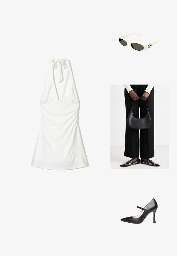 Witte haltertop met een striknek, met geplooid materiaal bij het lijfje en een vloeiende onderkant. Gladde textuur zonder patronen of accenten.; Zwarte leren hoge hak Mary Jane pumps met spitse neus, enkelbandje en gestructureerd oppervlak. Beschikt over een gestructureerde hak voor ondersteuning.; Crème-kleurige zonnebril met ovale lenzen, zwarte tint en metallic logo accenten op de slapen. Zachte textuur, cat-eye ontwerp.; Zwarte lederen schoudertas met een ronde vorm, glanzende afwerking en zilverkleurige hardware. Persoon in zwarte wijde broek en gestifte loafers.