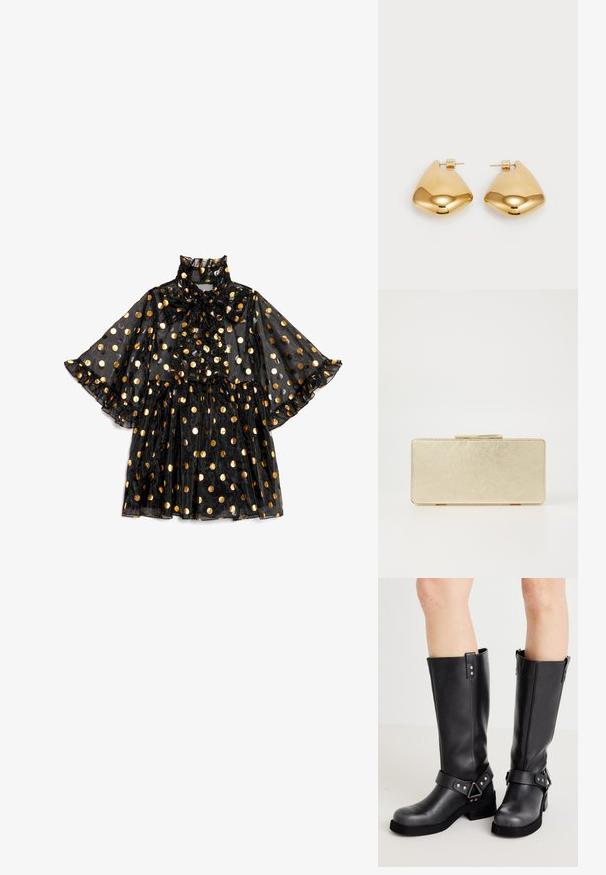 Musta läpikuultava mekko, jossa on korkea kaulus ja rusettiyksityiskohta, kultaiset pilkut, levenevät hihat ja kerroksellinen röyhelöhelma.; Mustat nahka polvipituiset saappaat, joissa on leveä varsi, hihnatehosteita, hopeaosat ja litteä pohja. Sujuva pinta, jossa on kevyt kiilto.; Kullanışlı bir metalik yüzeye sahip altın renkli bir çanta, dikdörtgen şekilli ve basit bir tokalı kapanışı var. Görünür desen veya süslemeler yok.; Kultaiset metallikorvakorut, joissa on sileä, pyöreä kolmion muoto ja postitaustasuunnittelu; heijastava pinta, jossa on minimaalinen yksityiskohtien määrä.