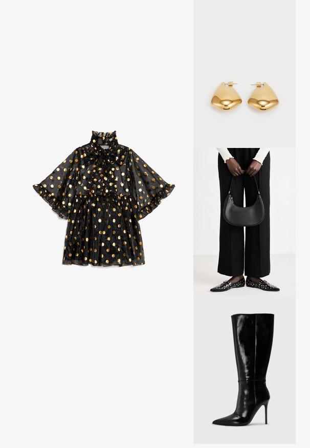 Robe noire transparente avec un col montant et un détail en nœud, ornée de pois dorés, manches évasées et ourlet à volants superposés.; Bottes noires en cuir, hautes jusqu'au genou, avec un bout pointu et un talon aiguille haut. Texture lisse et design épuré, avec un minimum de détails.; Sac à main en cuir noir avec une forme arrondie, finition brillante et quincaillerie en argent. Personne portant un pantalon large noir et des mocassins cloutés.; Boucles d'oreilles en métal doré avec une forme triangulaire lisse et arrondie et un design à attache de tige ; surface réfléchissante avec un minimum de détails.