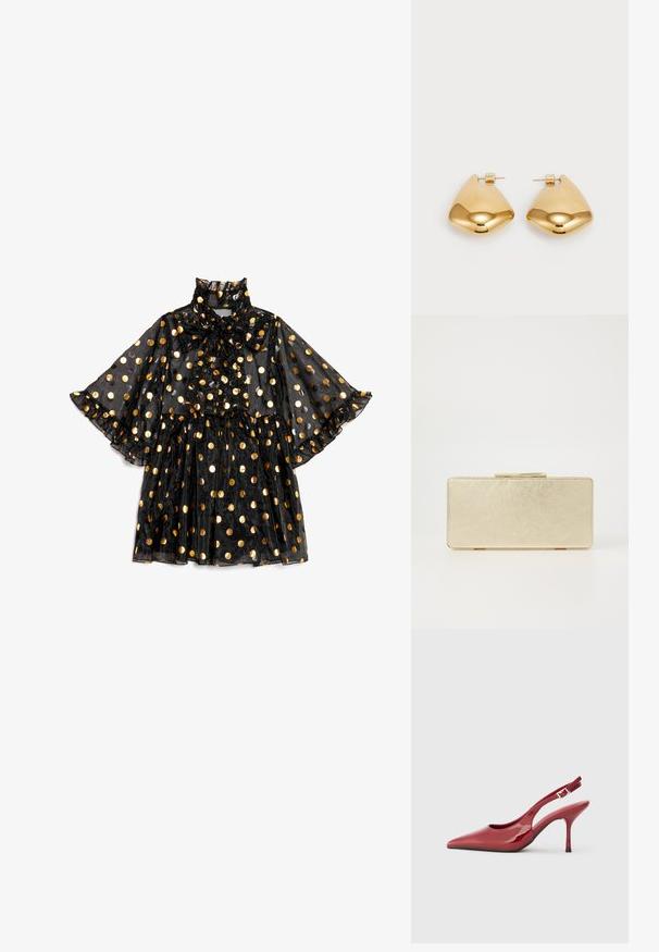 Mustast läbipaistvast kangast kleit kõrge kaeluse ja lipsukujulise detailiga, millel on kuldsed täpilised mustrid, lehvikukujulised varrukad ja kihiline volangiline altäär.; Kirkpunase patendi nahk kingad, millel on terav nina, kitsas stilettokand ja väike lõikeauk küljel. Sile tekstuur.; Kuldne kott, millel on sile metalliline viimistlus, ristkülikuline kuju ja lihtne lukustus. Nähtavaid mustreid või kaunistusi ei ole.; Kuldtoon metall kõrvarõngad, millel on sile, ümar kolmnurkne kuju ja tagaküljel olev kinnitamine; peeglilaadne pinda, millel on minimaalne detailide hulk.