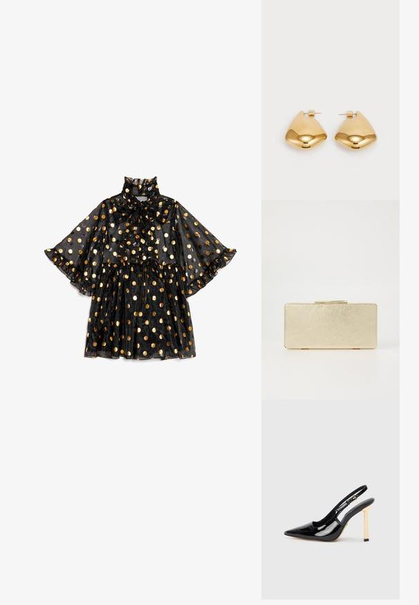 Rochie neagră transparentă cu guler înalt și detaliu cu fundă, decorată cu buline aurii, mâneci evazate și tiv cu volane stratificate.; Pantofii cu toc înalt din piele patentă neagră, cu vârful ascuțit și accent de toc pătrat în tonuri de aur. Include curea ajustabilă pentru gleznă.; Plică de mână aurie cu un finisaj metalic neted, formă rectangulară și un sistem de închidere simplu. Fără modele sau decorațiuni vizibile.; Cercei din metal de culoare aurie, cu o formă triangulară rotunjită și un design cu prindere pe spate; suprafață reflectorizantă cu detalii minime.