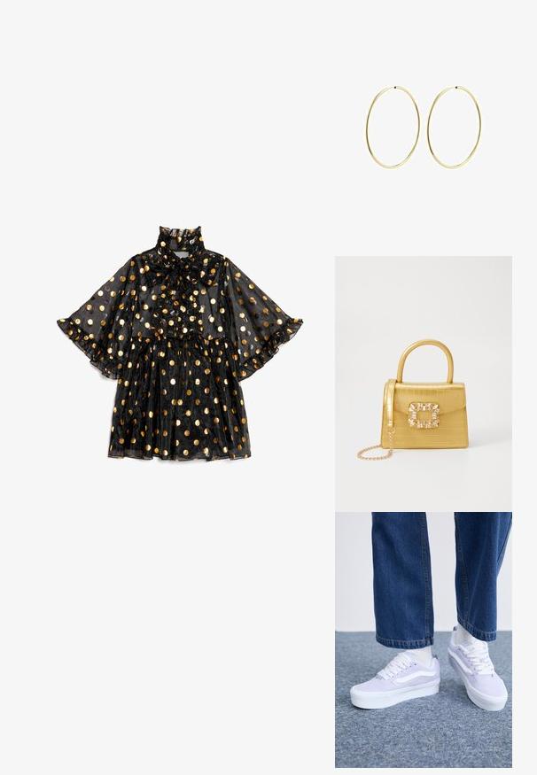 Melna caurspīdīga kleita ar augstu apkakli un loku detaļu, rotāta ar zelta punktiem, ar uzplečiem un kārtainu volānu apakšu.; Gai violets zamšas kedas ar baltām akcentēm, plakaniem šņorēm un biezu balto zoli, valkātas ar gaišiem zeķēm un brīviem denima biksēm.; Dzeltena mākslīgā krokodila roku soma ar strukturētu dizainu, augšējo rokturi, noņemamu ķēdes siksniņu un dekoratīvām kristāla rotājumiem aizdares daļā.; Zelta riņķa auskari ar gludu, noapaļu dizainu. Plāni un viegli, ar nepārtrauktu cilpu bez jebkādām rotājumām.