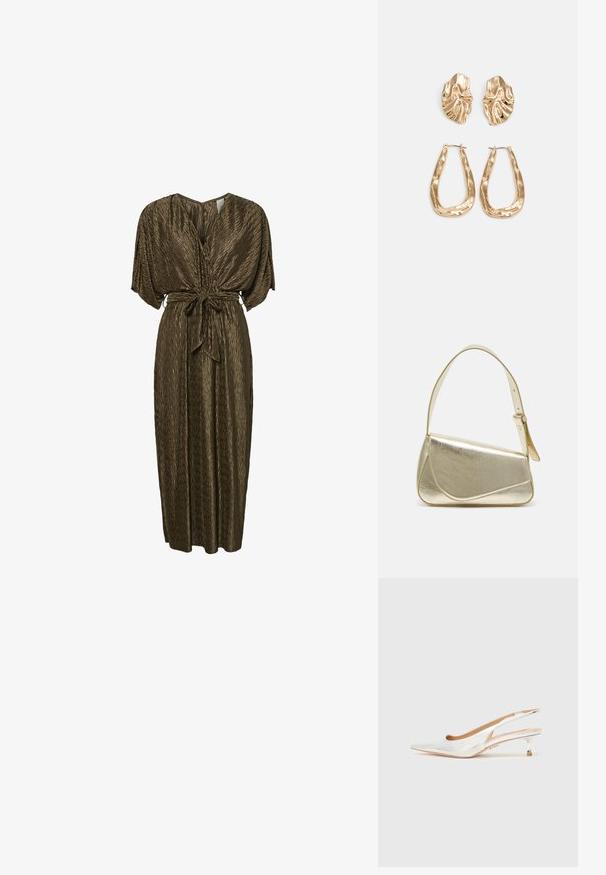Brown, pleated maxi dress with a V-neck, wide sleeves, and a tied belt at the waist. Smooth texture with a subtle sheen.; Pointed-toe slingback shoe in shiny white material. Slim heel with accented metallic details. Open back design. Smooth, reflective texture.; Gold metallic handbag with a structured design, smooth texture, and adjustable strap. Features a unique triangular shape and minimalist stitching.; Gold-tone earrings featuring textured, wavy shapes. Includes sculptural clip-on studs and open hoop design with a hammered finish.