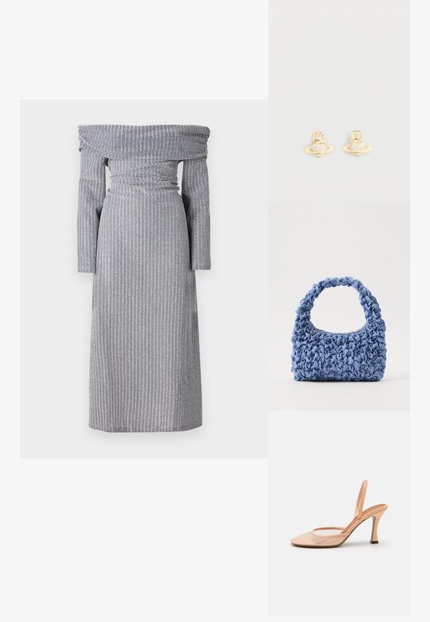 Kergelt hall off-the-shoulder kleit, millel on peened vertikaalsed triibud, liibuva vöökoha, pikad varrukad ja voolav siluett. Pehme kangast tekstuur.; Nude värvi silmadega slingback kontsad, millel on terav varvas, õhuke pahkluu rihm ja stilettokonts, mille alusel on must aktsent.; Sinine kangast käekott, millel on volditud tekstuur ja paks, laineline sang. Omab kergeid triibumustreid kogu ulatuses. Kompaktne ristkülikukujuline kuju.; Kullatud tooni kõrvarõngad, millel on Saturni disain, tekstureeritud ribaga ja sisse pandud ringikujulised kristallid lisasära jaoks.