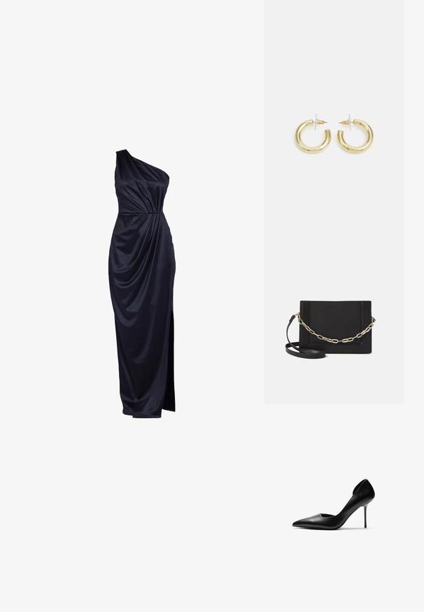 Egyszálú estélyi ruha mély tengerészkék színben, sima, hullámzó anyagból készült. Oldalhasítékkal és ráncos derékrésszel rendelkezik.; Fekete bőr stiletto sarok, hegyes orral és kivágott oldalakkal. A sima textúra és a magas, vékony sarok elegáns sziluettet alkot.; Fekete bőr keresztpántos táska, sima textúrával, téglalap alakú és fém lánc részlettel az elején. Állítható pánttal ellátva.; Arany fülbevalók sima, fényes felülettel. Kör alakú dizájn, amely kis kapoccsal és átlátszó tartozékkal rendelkezik a biztonságos viselés érdekében.