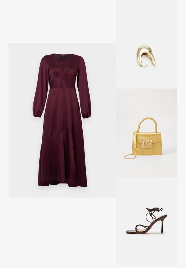 Langermet, dyp burgunder satengkledd kjole med V-hals, tilpasset midje, rynket utringning, og asymmetrisk kant.; Simmi London MACIA - Sandaler med høye hæler - chocolate; Gul faux-krokodille veske med en strukturert design, toppen håndtak, avtagbar kjede stropp, og dekorativ krystallbortsettelse på låsen.; Gullfarget metalløredobber med et elegant, buet design. Har en karakteristisk spiss form, polert overflate og hengsel-lukking.