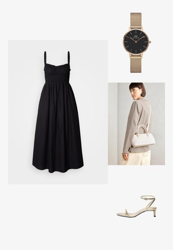 Black sleeveless dress with gathered bodice, elastic waist, and flowing skirt. Made of lightweight fabric with a smooth texture.; Metallic gold sandal with a slim ankle strap, open toe, and a low, block heel. Features minimalistic design and smooth texture.; White structured handbag with short handles and a shoulder strap, featuring gold hardware accents and textured material, displayed against a grey background.; Gold mesh band watch by Daniel Wellington with a round black dial, gold hour markers, and logo at 12 o’clock. Simple, elegant design.