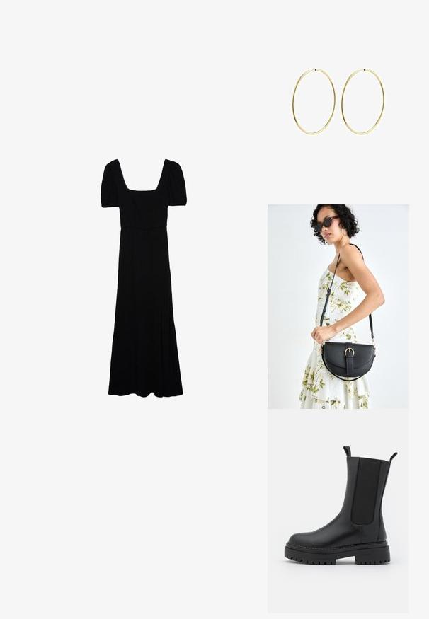 Čierna maxi šaty so štvorcovým výstrihom, krátkymi puff rukávmi a jemnou, splývavou tkaninou. Obsahujú bočný rozparok pre pohodlný pohyb.; RAID CHERISH - Čižmy na platforme - black; Čierna kožená kabelka s zaobleným tvarom, odnímateľným popruhom a zlatými doplnkami. Kabelka má klopu s detailom s prackou.; Zlaté kruhové náušnice s hladkým, zaobleným dizajnom. Tenké a ľahké, s nepřerušeným okruhom bez akýchkoľvek ozdôb.