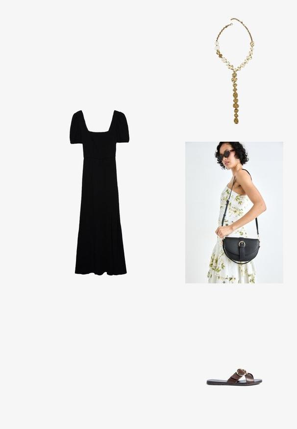 Sort maxikjole med firkantet halsudskæring, korte puffærmer og et blødt, flydende stof. Har et sideslids for bedre bevægelsesfrihed.; Brune læder slide sandal med krydsede stropper, der har en cirkulær guld spænde detalje og en flad, sort gummisål.; Sort læderhåndtaske med en buet form, aftagelig rem og guldfinish. Tasken har en klap med en spænde detalje.; Guldtonet metal halskæde med uregelmæssige teksturerede led og et Y-formet dråbe, fremhævet af en central vedhæng, der ligner lagdelte mønter.