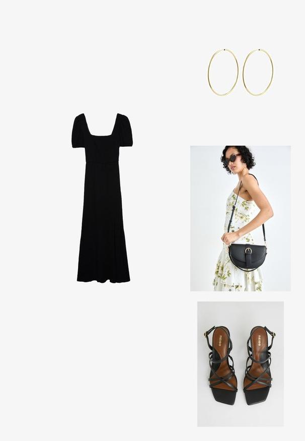 Mustapukuinen maximekko, jossa on neliön muotoinen pääntie, lyhyet puffihihat ja pehmeä, valuva kangas. Sisältää sivureiän liikkumisen helpottamiseksi.; Mustat korot sandaalit, joissa on useita kapeita hihnoja, neliömäinen kärki, ruskeat pohjat ja kultainen solki nilkkahihnassa.; Musta nahkainen käsilaukku, joka on kaareva muotoilultaan, irrotettavalla hihnalla ja kultaisilla yksityiskohdilla. Laukussa on läppä, jossa on solk yksityiskohta.; Kultaiset rengaskorvakorut, joissa on sileä ja pyöristetty muotoilu. Ohuet ja kevyet, sisältäen jatkuvan lenkin ilman mitään koristeita.