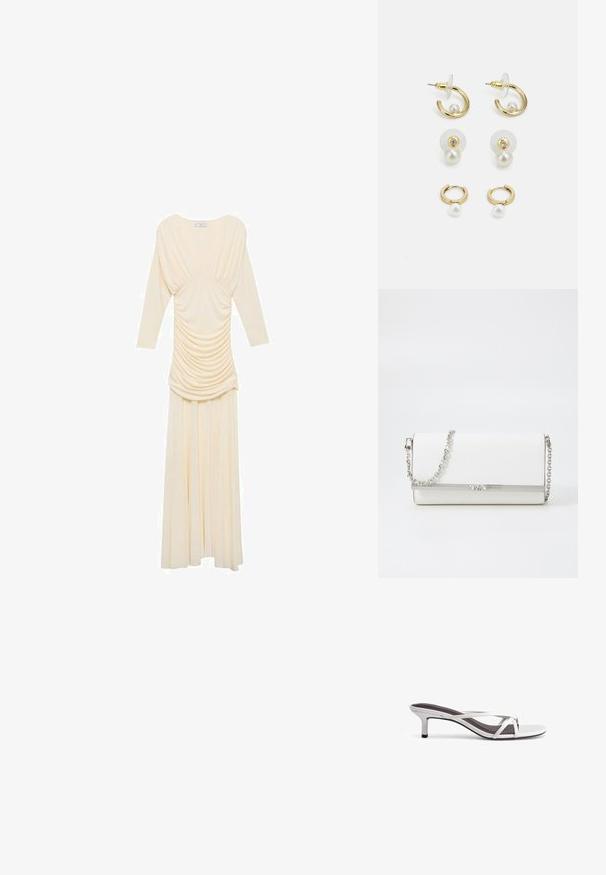 Pitkä norsunluunvärinen mekko, jossa on pitkät hihat, drapattu kangas bodice-alueella, virtaava hame ja sileä pinta.; Hopeat korkokengät, joissa on ristikkäiset hihnat, sileä pinta ja terävä kärki. Korko on noin kaksi tuumaa korkea.; MICHAEL Michael Kors MONA - Olkalaukku - optic white; Korvankorut kultasävyssä, joissa on pyöreitä muotoja, helmiä ja kristallikoristelu. Mukana on nappi- ja renkaatyyliä läpinäkyvillä taustoilla.