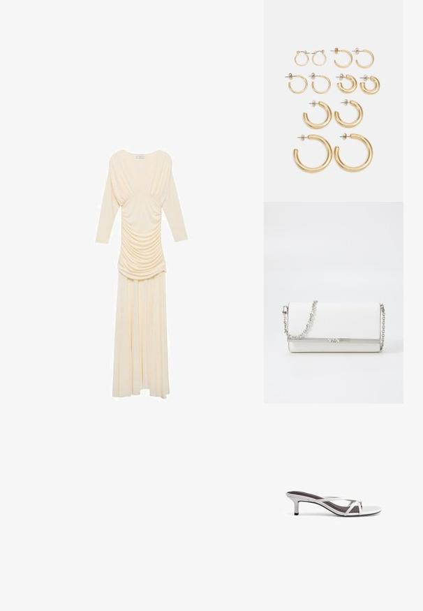 Lungo abito avorio con maniche lunghe, caratterizzato da tessuto drappeggiato attorno al corpetto, gonna fluente e una superficie liscia.; Sandali con tacco argentato dal design a traverse incrociate, con una texture liscia e una punta affusolata. Il tacco è alto circa cinque centimetri.; MICHAEL Michael Kors MONA - Borsa a tracolla - optic white; Set di orecchini a cerchio in oro con varie misure e design, tra cui stili piccoli, medi e grandi, con finiture metalliche lisce.