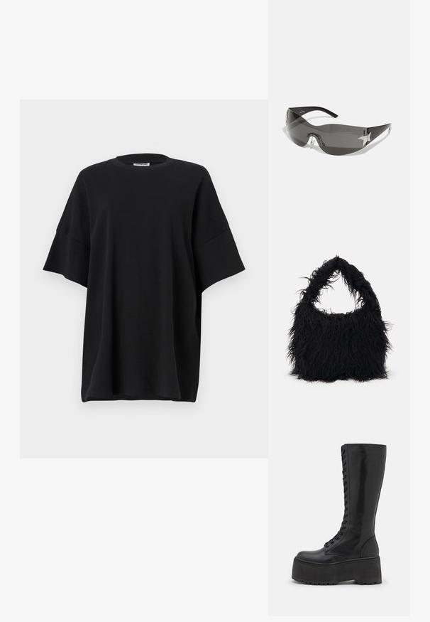 Black oversized t-shirt made of cotton, featuring a round neckline and short, wide sleeves with a smooth texture and relaxed fit.; Zign LEATHER - Lace-up boots - black; Black sunglasses with a wrap-around design, dark tinted lenses, shiny star-shaped accents, and adjustable nose pads.; Even&Odd Tote bag - black