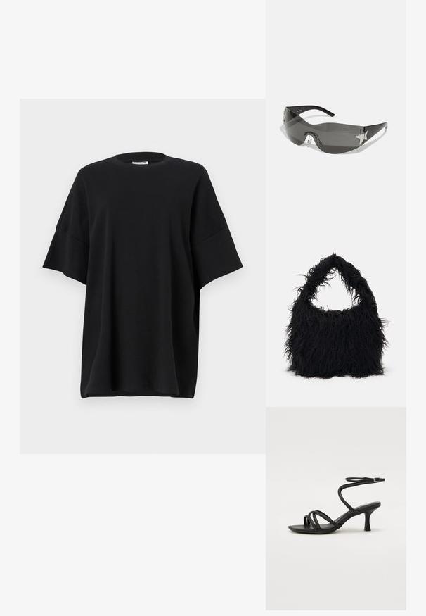 Črna oversize majica iz bombaža, z okroglim ovratnikom in kratkimi, širokimi rokavi, z gladko teksturo in sproščenim krojem.; Even&Odd Wide Fit Sandali s paščkom - black; Črne sončne očala z ovijajočim dizajnom, temno obarvanimi lečami, sijočimi zvezdastimi detajli in nastavljivimi nosnimi blazinicami.; Even&Odd Torba za nakupovanje - black