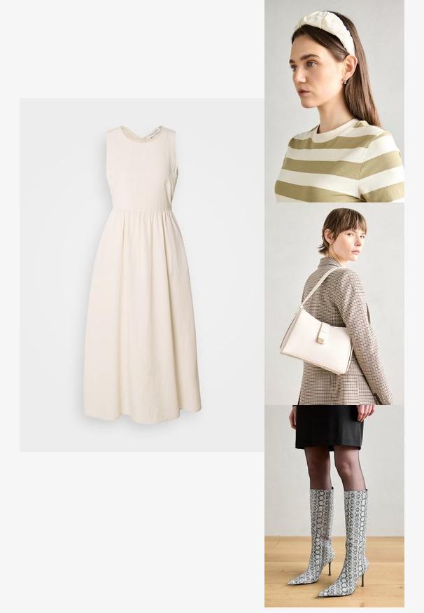 Ujjatlan, krém színű ruha, könnyű anyagból készült, V-nyakkivágással, megkötött derékkal és egy lágy, bokaig érő szoknyával.; Kígyómintás, hegyes orrú, térd fölé érő csizma, texturált szürke és fehér mintázattal, tűsarkúval és oldalsó cipzárral.; Fehér bőr táska strukturált dizájnnal, mágneses záródással és vállpánttal, semleges háttér előtt bemutatva.; Krém színű párnázott fejpánt csavaros kivitelezéssel, bézs és fehér csíkos pólóval párosítva, kerek nyakkivágással. Diszkrét ékszer kiegészítők.