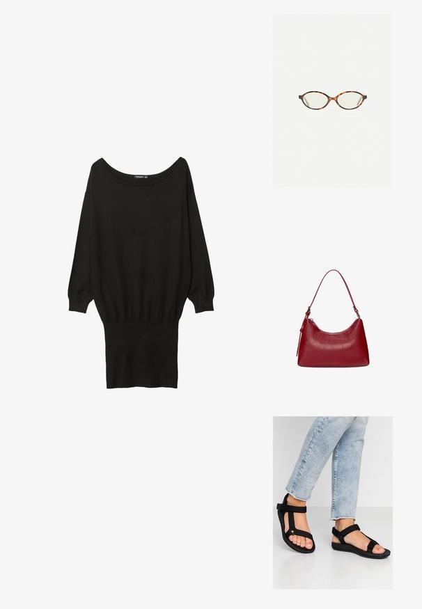 Black oversized sweater with a wide boat neckline, long sleeves, ribbed cuffs, and a fitted bottom hem, made from a soft, textured fabric.; Black sandals with adjustable straps. Soft, textured material and a molded footbed. Paired with light blue distressed jeans.; Tortoiseshell eyeglasses with oval lenses and a sleek, smooth finish. Features thin sides with a subtle curve at the temples. Clear lenses.; Red leather shoulder bag with a curved design, smooth texture, and a zipper closure. It features a thin handle for carrying.