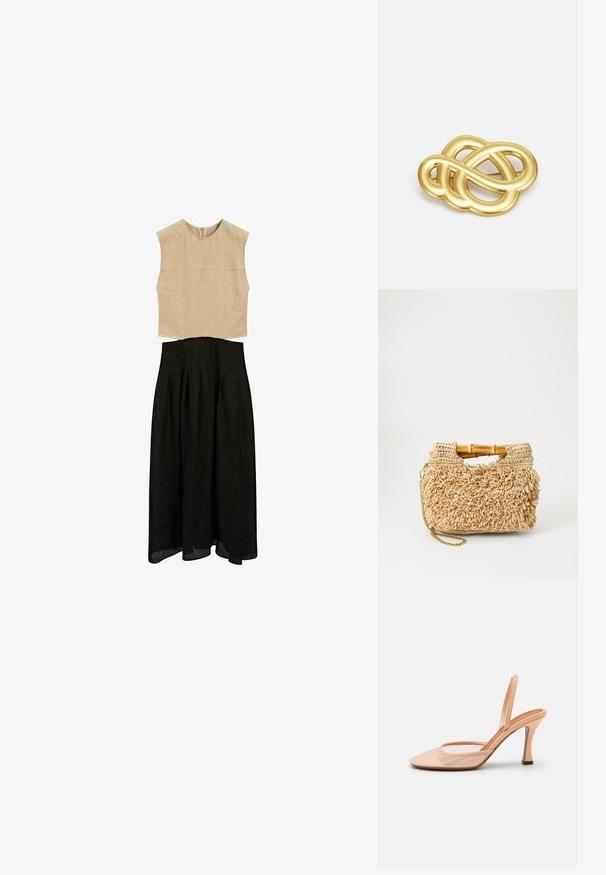 Beige sleeveless top with a high neckline and textured finish, paired with a black A-line skirt featuring pleats and a flowing hem.; Nude mesh slingback heel with a pointed toe, slender ankle strap, and a stiletto heel featuring a black accent at the base.; Woven straw handbag with bamboo handles, featuring a textured fringe design in natural beige and a gold chain strap.; Gold-tone brooch featuring a knotted design with smooth, curved lines and an intricate shape, reflecting a polished finish.