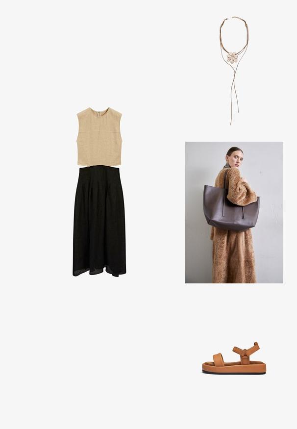 Beige ærmeløs top med høj hals og tekstureret finish, sat sammen med en sort A-line nederdel med plisseringer og en svævende kant.; Brune lædersandaler med platform, brede stropper, justerbare lukninger, en blød indersål og en struktureret sort gummiydersål.; Stor, struktureret, mørkebrun tote bag med to lange håndtag. Tasken har et minimalistisk design og kontrastsyninger for ekstra detalje.; Stradivarius FLORAL - Halskæder - beige