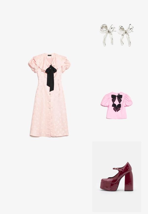 Gaiši rozā ziedu midi kleita ar pūkainām piedurknēm, pārspīlētu apkakli, aizmugurējiem pogām un melnu ziedu lentes kaklā.; Rozā īsām piedurknēm blouse ar puffed piedurknēm un divām lielām melnām lentēm centrā, katra ar mazu dekoratīvu dārgakmeni.; Koi Footwear BITTER PLATFORM - Apavi ar platformu un papēžiem - mauve; Sudraba loka formas auskari ar pulētu apdari. Iezīmes ietver teksturētu virsmu un izliekta dizainu, ar stieples aizmugures aizdari.