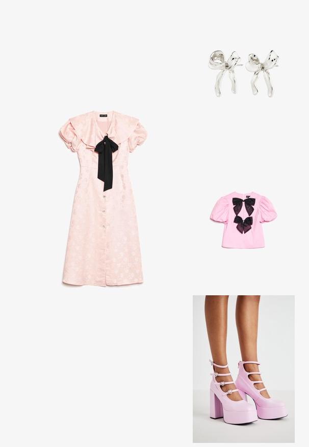 Šviesiai rožinė gėlių midi suknelė su pūstomis rankovėmis, per dideliu apykakle, priekyje esančiomis mygtukais ir juodu kaklo aksesuaru.; Rosa trumpa rankovėmis bluzelė su pūstomis rankovėmis ir dviem didelėmis juodomis juostelėmis centre, kiekviena su maža dekoratyvine brangakmeniu.; Koi Footwear PEARL DEWDROP PLATFORM HEELS - Aukštakulniai - pink; Sidabro auskarai, formos primenančios lanką, su blizgiu paviršiumi. Ypatybės: tekstūruotas paviršius ir kreiva forma, su prikabintomis sagutėmis.