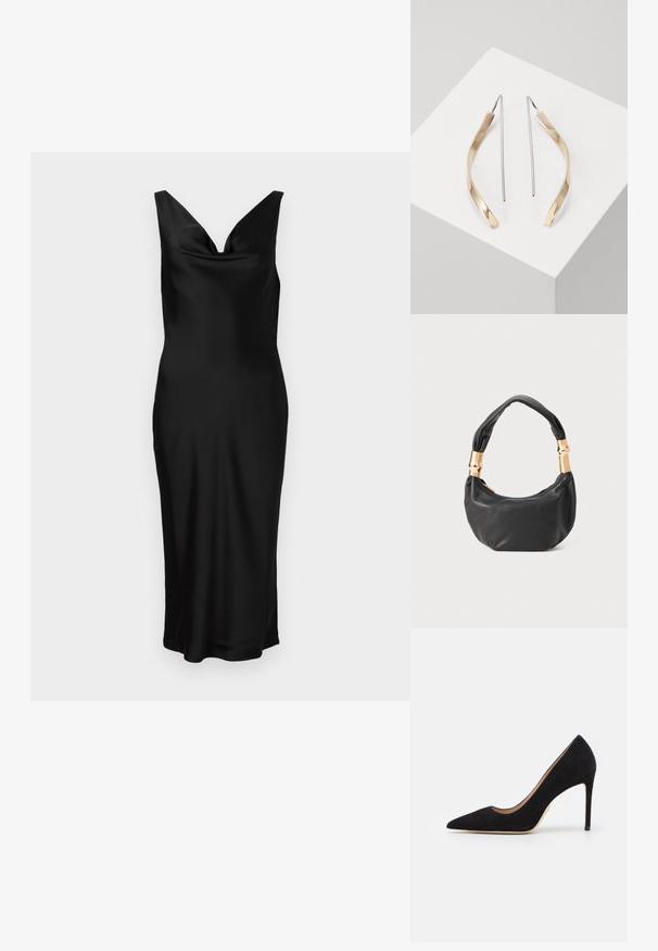 Robe en satin noir avec un décolleté en V et une conception sans manches. La coupe ajustée présente un corsage drapé et tombe jusqu'à mi-mollet. Texture lisse.; Stuart Weitzman STUART - Escarpins - black; Sac à main en cuir noir de forme ronde, texture douce, et avec une anse nouée ornée d'accents en matériel doré. Fermeture éclair.; Boucles d'oreilles droites en or et en argent avec une forme courbe et allongée. Fini brillant avec une texture lisse et un design minimaliste.