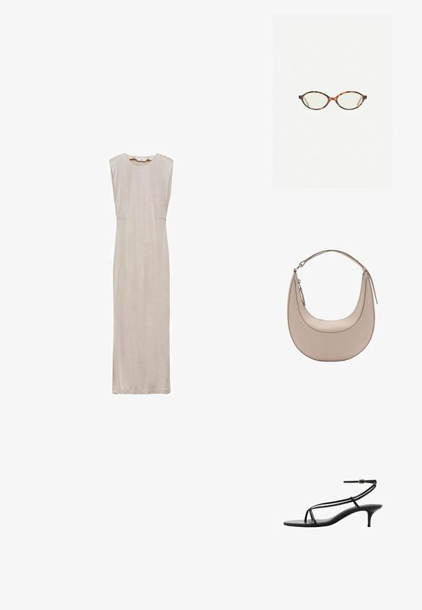 Bež haljina maksi dužine bez rukava s okruglim izrezom, ravnim siluetom i bočnim prorezima. Izrađena od glatkog materijala s mekim teksturom.; Crne sandale s visokom petom koje imaju tanke trakice, minimalistički dizajn, špicasti izgled i malu stiletto petu. Glatka kožna tekstura.; Naočale u boji kornjače s ovalnim staklima i elegantnim, glatkim završetkom. Imaju tanke strane s suptilnom krivuljom na sljepoočnicama. Prozirna stakla.; Bež kožna torba za rame u obliku polumjeseca, glatke teksture i s jednim zakrivljenim ručkom. Sadrži zatvor na zip i uredno šivenje.