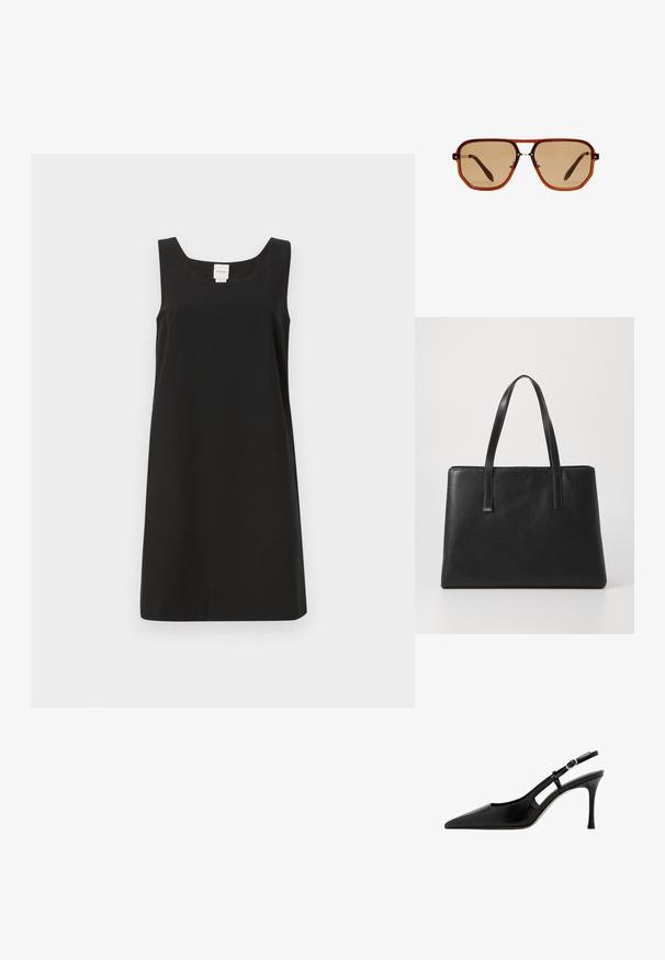Schwarzes ärmelloses Kleid mit quadratischem Ausschnitt und gerader Schnittführung, hergestellt aus weichem Stoff. Verfügt über ein minimales Design und keine sichtbaren Beschläge.; Schwarze Leder-Slingback-Pumps mit spitzem Absatz, schlankem Absatz, Ausschnitt-Design und Schnallenriemen. Glatte Textur mit glänzendem Finish.; Braune achteckige Sonnenbrille mit einem transparenten, bernsteinfarbenen Rahmen und braun getönten Gläsern. Verfügt über eine Metallverzierung am Steg und schlanke Bügel.; Schwarze Leder-Handtasche mit zwei langen Tragegriffen, rechteckiger Form, strukturiertem Oberflächen und minimalistischem Design. Keine sichtbaren Beschläge oder Akzente.