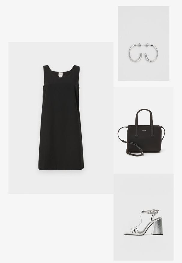 Juodas be rankovių suknelė su keturkampiu iškirpimu ir tiesiu kirpimu, pagaminta iš minkštos medžiagos. Pasirinkta minimalistinė dizaino stilistika ir nerodyti metaliniai elementai.; Sidabriniai šlepetės su blokiniu kulnu, turinčios plonas dirželes ir sagtį ant kulkšnies. Medžiaga turi metalinį blizgesį ir tekstūrinį paviršių.; Juoda rankinė su dviem trumpais rankenėlėmis ir nuimamu petį. Lygaus odos tipo medžiaga su užtrauktuku ir logotipo detale.; Sidabrinės auskarai žiedai su lygiu, blizgiu paviršiumi. Suapvalinta forma, lengvas dizainas, su uždarymu ant smeigtuko.