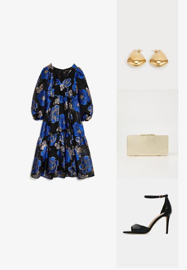 Black floral dress featuring large blue and gold flowers, puffed sleeves, a V-neckline, and tiered ruffles at the hem.; Black high-heeled sandal with open toe, smooth leather upper, ankle strap with gold buckle, and a beige footbed.; Gold clutch purse with a smooth metallic finish, rectangular shape, and a simple clasp closure. No visible patterns or decorations.; Gold-tone metal earrings with a smooth, rounded triangular shape and post-back design; reflective surface with minimal detailing.