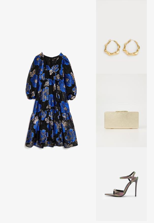 Black floral dress featuring large blue and gold flowers, puffed sleeves, a V-neckline, and tiered ruffles at the hem.; High-heeled sandal with a multicolored, textured snake print. Features adjustable ankle straps and a pointed toe design.; Gold clutch purse with a smooth metallic finish, rectangular shape, and a simple clasp closure. No visible patterns or decorations.; Gold hoop earrings with a wavy, textured design. Features a thin wire closure and a polished, reflective surface.