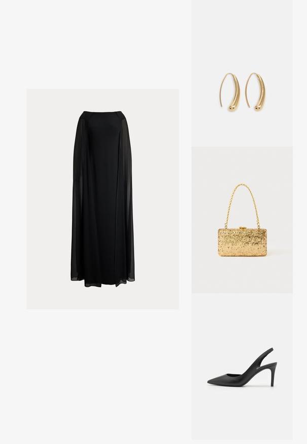 Lauren Ralph Lauren CAPE CHIFFON OFF THE SHOULDER GOWN - Alkalmi viselet - black; Fekete bőrszíjjal ellátott magassarkú cipők, hegyes orral, elöl kivágott dizájnnal és vékony stiletto sarkakkal.; Arany flitteres clutch táska, téglalap alakú, csavart lánckarabinerekkel és fém záródással, mely fényt tükröz a textúrált felületének köszönhetően.; Aranyszínű fémből készült karika fülbevalók ívelt, hosszúkás formával. Simaságával és fényes felületével, valamint lekerekített végével további részletekkel bővül.