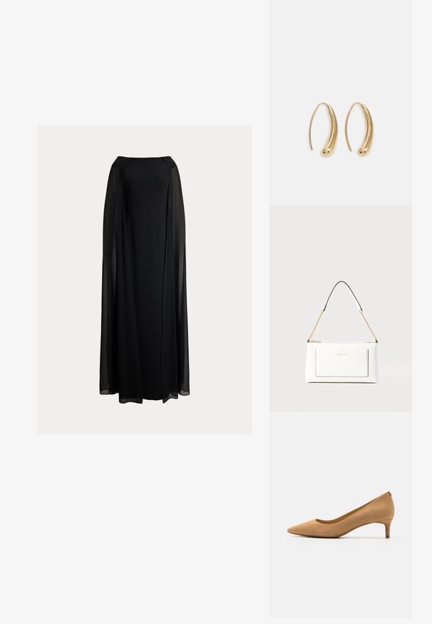 Lauren Ralph Lauren CAPE CHIFFON OFF THE SHOULDER GOWN - Abiti per occasioni speciali - black; Scarpa con tacco alto a punta in suede color cammello, con tacco basso e superficie liscia. Silhouette classica con un leggero dettaglio sul retro.; Borsa a tracolla bianca in pelle con un finish testurizzato, dotata di una tracolla in catena dorata e accenti neri. Include una tasca frontale e una chiusura con zip.; Orecchini a cerchio in metallo color oro con forma curva ed allungata. Presentano una superficie liscia e lucida e una punta arrotondata per un tocco di dettaglio in più.