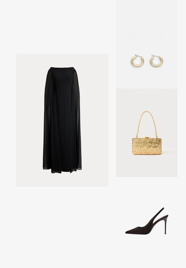 Lauren Ralph Lauren CAPE CHIFFON OFF THE SHOULDER GOWN - Oblečenie na špeciálnu príležitosť - black; Hnedá semišová sandálová topánka na vysokom podpätku s ostrou špičkou, elegantným dizajnom, výrezmi po bokoch a štíhlym slameným podpätkom.; Zlatá flitrová listová taška s obdĺžnikovým tvarom, vybavená skrúteným reťazovým držadlom a kovovým uzatváraním, odrážajúca svetlo s textúrovaným povrchom.; Lauren Ralph Lauren BASIC SMALL HOOP - Náušnice - gold-coloured