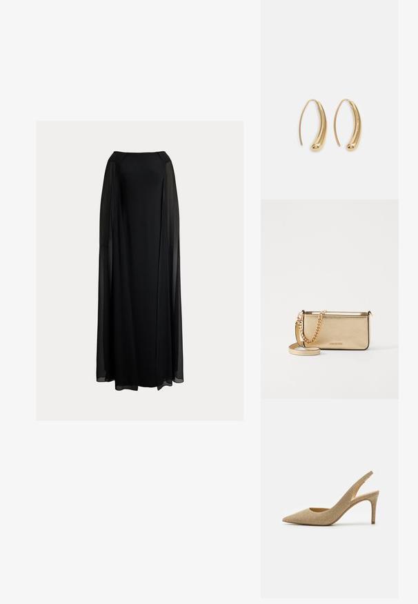 Lauren Ralph Lauren CAPE CHIFFON OFF THE SHOULDER GOWN - Pidulikud riided - black; MICHAEL Michael Kors ALINA FLEX SLING - Kõrge kontsaga kingad - pale gold; Metalliseeritud kullast nahkklamber, millel on tekstiilfiniš, kuldne ketstrap ja eemaldatav õlavarre rihm. Brändi logo on sisse pressitud.; Kuldtoonilised metallist rõngas kõrvarõngad, millel on kõver ja piklik kuju. Omavad siledat, läikivat pinda ja ümarat tipptugevdust, mis lisab detaili.