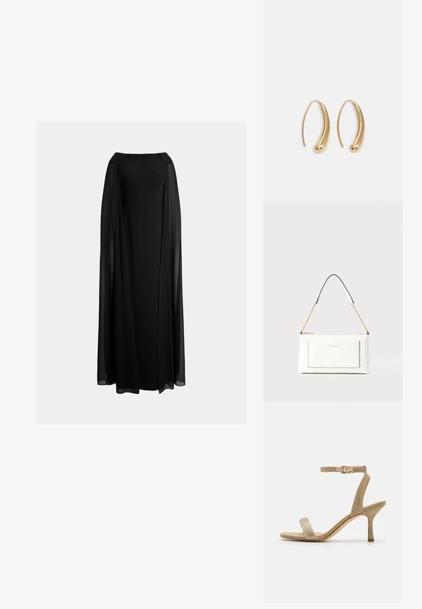 Lauren Ralph Lauren CAPE CHIFFON OFF THE SHOULDER GOWN - Pidulikud riided - black; Kullatud kõrged kontsad tekstuuri viimistlusega, õhuke pahkluu rihm ja kitsas esiosa, millel on õrn kaunistus.; Valge nahast kott tekstureeritud viimistlusega, millel on kuldne kettling ja mustad aktsendid. Include eesmine tasku ja tõmblukk.; Kuldtoonilised metallist rõngas kõrvarõngad, millel on kõver ja piklik kuju. Omavad siledat, läikivat pinda ja ümarat tipptugevdust, mis lisab detaili.